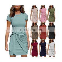 Manufacturers Wholesale Women's Irregular Dress Short Sleeve Round Neck Pleated Bow Belt Slim thumbnail-1