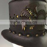 Black Leather Victorian Corset Style / Steampunk / Gothic / Emo Style Top Hat w. Solid Metal Bat Badge thumbnail-4
