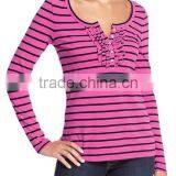 WOMEN STRIPED LONG SLEEVE T-SHIRT WITH RUFFLE PLACKET thumbnail-1
