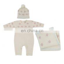 Baby Romper Set With Intarsia Flowers Matching Baby Knit Beanie and Intarsia Knit Blanket thumbnail-1
