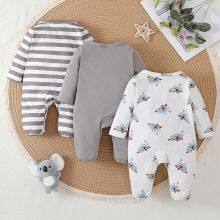 3pcs Newborn Baby's Solid Color + Cartoon Koala Pattern Long Sleeve Footed Romper, Toddler & Infant Boy's Bodysuit Set For Spring Fall thumbnail-2