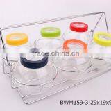 6pcs Round Glass Jar Set With Plastic Lid in a Silver Rack