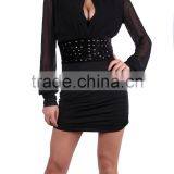 2015 fashion ladies black studded bodycon dress