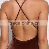 MGOO Fashion Factory Made Cross Strap Velvet Bodysuits Custom Deep V Neck Bloues Tops Sleeveless Custom thumbnail-4