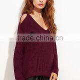 Custom V Neck Cold Shoulder Burgundy Sweater Cotton Polyester Blends Drop Shoulder Sweatshirt thumbnail-3