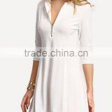 White Zipper A-Line Dress Plain Casual Polyester Fabric Spring V Neck Short Dress With 3/4 Sleeve thumbnail-4