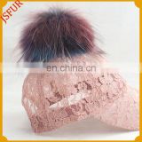 Fashionable lace hat with real raccoon fur spring pompom cap