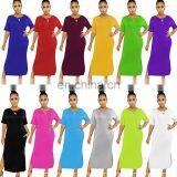 Wholesales Best Seller Women Solid Color Casual Long Dresses Ladies Split O-Neck Dresses Women Summer Dresses thumbnail-1