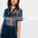 HAODUOYI Fashion Semi-sheer Women T-shirt Weave Lace-up V-neck Short Sleeve Long Length Clothing Sexy Loose Tops for Wholesale thumbnail-2