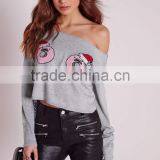 Women Standout Donut Print Pullover Long Sleeves Cropped Jumper Grey thumbnail-5