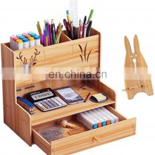 Wooden Pen Organizer Multi-Functional DIY Pen Holder Box Art Supply Organizer Desktop Stationary Storage with Drawer for Office