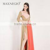 Latest Design Fashion Contrast Color Ladies High Quality Elegant Long Sleeve and Maxi Evening Dress 2016 thumbnail-1