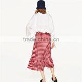 2017 NewestFront Button Fastening Red Plaid Skirt With Frill Detail thumbnail-2