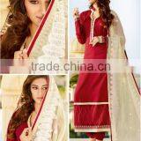 Rich Deep Red Color Straight Cut Bottom Cream Embroidery Border New Cream Design Designer Semi Stitch Salwar Kameez thumbnail-1