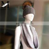 Wholesale Knitted Wool Cashmere Scarves Raccoon Fur Pom Hat Scarf Combination thumbnail-3