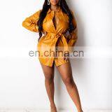 Women Long Sleeve Faux Leather Jackets Tie Belt Waist Streetwear Coats Ladies Fashion PU Shirt Jacket thumbnail-3