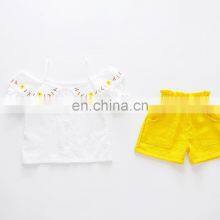 2019 Popular New Korean, Sweet Girl Clothing Female Baby Fashion Strapless Embroidery Short-sleeved Shirt Shorts Set/