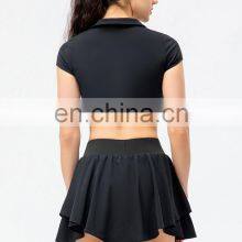 Blank Customize Hot Sale Women Sports Fitness Yoga Suit Short Sleeve Top Match Golf Tennis Set Mini Skirt 2 Piece Tracksuit thumbnail-2