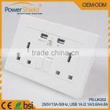European British UK 2 Gang Dual USB Wall Outlet Charging Socket Brush Silver and Metal Chrome Frame 5V/4800mA thumbnail-2