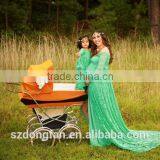 Mommy And Daughter Turquoise Lace Dress Maternity Floor Length Lace Eyelash Gown Dress thumbnail-1