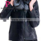 2015 Winter Leather Short Slim Fit Embroidered Women Coat With Belt Silver Fox Fur Hat thumbnail-5