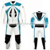 Leather Motor Bike RAcing Suit White Light Blue and Black Contrast