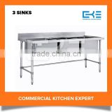 Commercial Heavy Duty 3 Bowls Stainless Steel Kitchen Sink