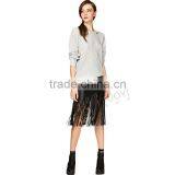 MGOO New Arrival OEM Services Women Black Faux Leather Midi Slinky Skirts With Tassels Bottom 15145A033 thumbnail-6