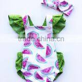 Newborn Baby Girls Watercolor Watermelon Baby Girl Summer Romper Criss Cross Back With Green Dots Flutter Sleeves Bubble thumbnail-1