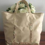 Beige Sequins Bags With Leather Tote Bag thumbnail-1