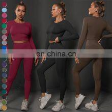 Custom Workout Clothing 2 Piece Suit Knit Long Sleeve Top High Waist Leggings Gym Fitness Sets Seamless Yoga Set For Women thumbnail-1