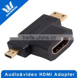 2 In 1 HDMI (Type-A) to Mini HDMI (Type-C) Male and Micro HDMI (Type-D) Male - Gold Plated Connector T Adapter Converter
