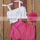 New Fashion Baby Clothes Outfits Toddler Kids Summer Wear Plain White Top And Red Gingham Short Clothing Set thumbnail-2