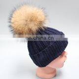 stock hat fashion winter large real raccoon fur knitted beanie hat with pom pom