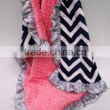 Personalized Navy Chevron With Peach Pink Dots Minky Baby Minky Blanket thumbnail-2