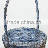 BLUE WASH ROUND BAMBOO CHIP BASKET W/HANDLE thumbnail-1
