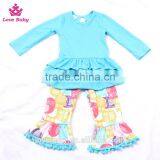 Ruffle Hem Blue Top With Owl Animal Prints Ruffle Pants Outfits Set Toldder Girl Clothing Set LBYTZ001-37 thumbnail-4
