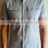 Man's Light Blue, White, Red Striped Short Sleeve Casual Shirt