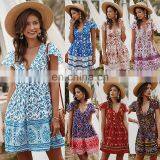 Hot Sale Women Deep V-Neck Casual Dresses Lady Holiday Print Short Sleeve Floral Summer Dress thumbnail-1
