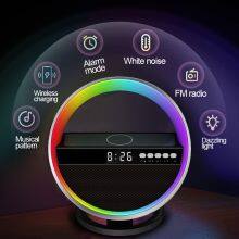 Popular Design Multifunction 15W Digital Display Alarm Clock RGB LED Night Light Bluetooth Speaker With Fast Wireless Charger thumbnail-3