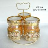 3pcs round glass jar with printing with turning golden rack(CP109)