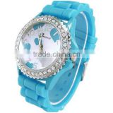 Silicone geneva large wrist women watch dimond crystal jelly sports watches made in china
