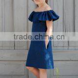 Wholesale Kid Clothing Elegant Summer Girls Dress Off Shoulder Ruffle Dusty Pink Linen Girl Child Dress thumbnail-3