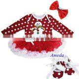 Xmas Baby Red Polka Dots White Ruffles Snow Man Long Sleeves Bodysuit Pettiskirt and Headband Crib Shoes NB-18M thumbnail-1