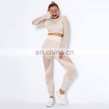 Custom Label Hollow Out 2 Piece Yoga Wear Workout Long Sleeve Clothing Activewear Private Seamless Gym Fitness Sets For Women thumbnail-4