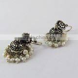 Awesome Marcasite Jhumka Pearl & Black CZ 925 Sterling Silver Earring. Handmade Silver Jewelry, Online Silver Jewelry thumbnail-4