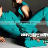 Green Lapel High Empire Waistband Long Sleeve One Covered Button Long Trousers Women Dancerwear Sets thumbnail-3