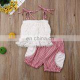 GIRL Sweet Summer Outfit Baby White Lace Ruffle Tops & Striped BLOOMERS 2pcs Sets thumbnail-5