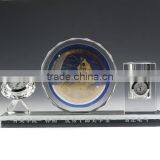 JINGYAGE K9 Custom Logo Office Table Set Crystal Yellow&Blue Sailing Crystal Pen Holder Set With Clock thumbnail-1