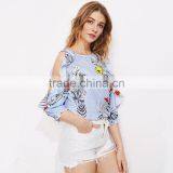 Frill Design Cold Shoulder Blue Stripe Top Ladies Floral Casual Blouse thumbnail-2